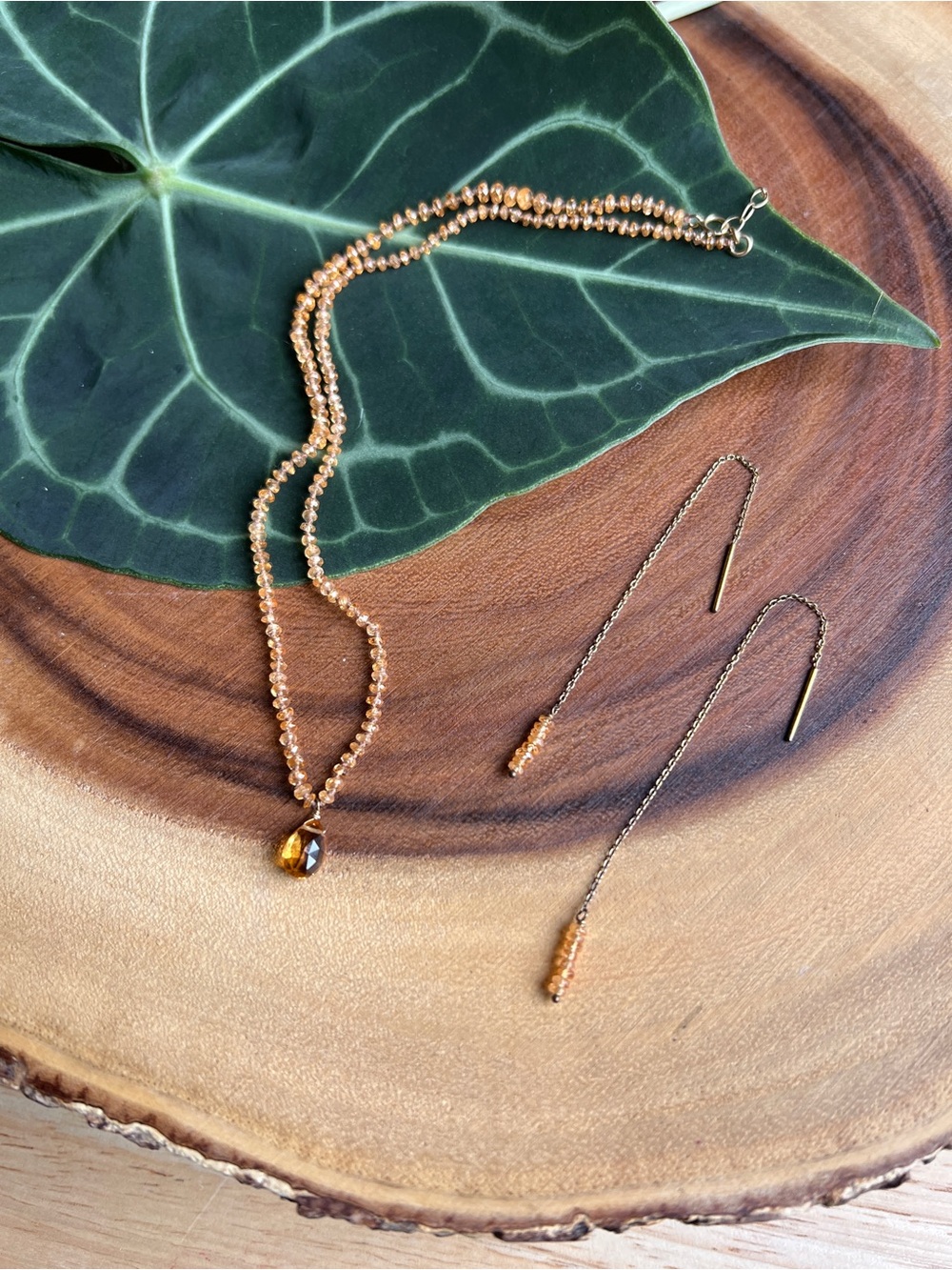 Set of two. Gold and Citrine Bead Drop Necklace and Threader Earrings Set